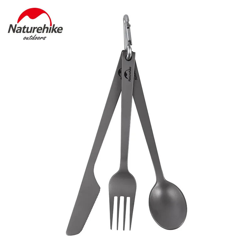 

Naturehike 3 In 1 Titanium Spoon Fork Knife Cutlery Sets With Titanium Carabiner Camping Cutlery Outdoor Tableware Spork