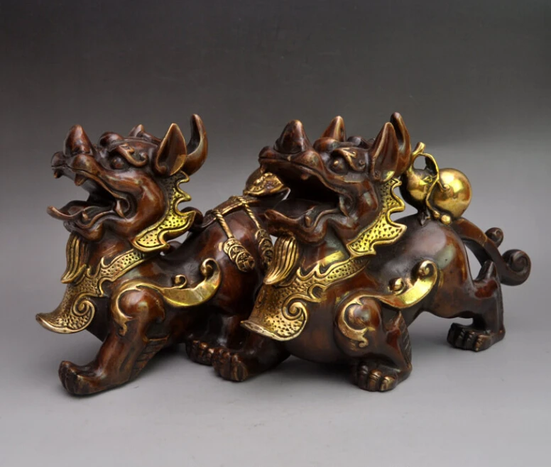 

Chinese Royal Feng Shui Bronze Gild Gourd Ruyi Unicorn Kirin Kylin statue Pair
