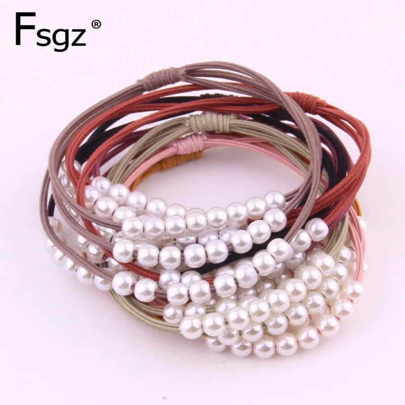 

2 PIECES High Elastic Hair Gums For Women Solid Acrylic Rubber Bands Pearls Beading Three-in-one Hair Ties Knot Hair Loops 2020