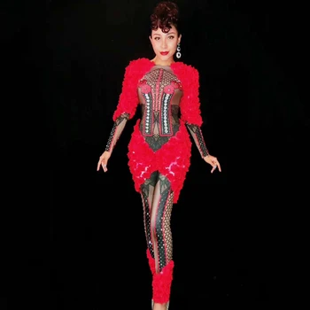 

Red Printed Bodysuit High Elastic Long Jumpsuit Dance Costume Female Evening Party Bar Stage Performance Rompers Clothes DT337