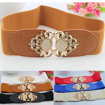 

Fashion Opal Decoration Women Elastic Girdle Women's High Quality Good Matching Belt Retro Totem Metal Flower Buckle off white