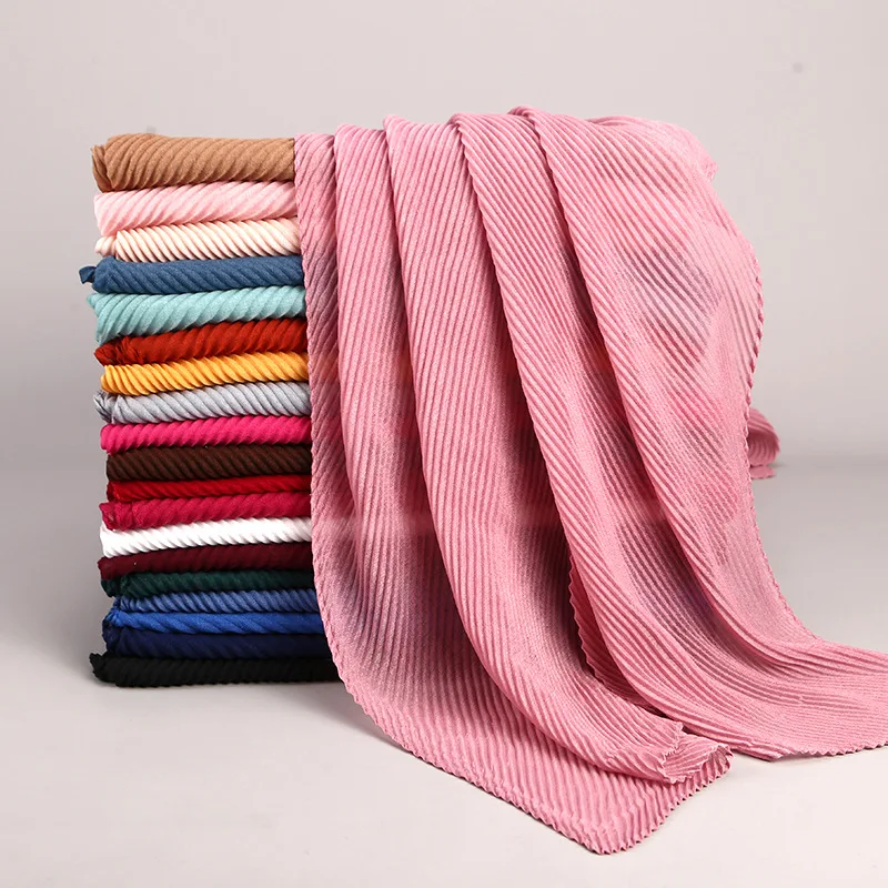 Women Pleated Cotton Hijabs Scarf Plain Wrinkle Crinkle Crimp Shawl Wraps Stole Muffler Muslim Hijab Headscarf 22Color 180x80cm