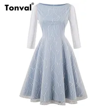 Vestidos de mujer de malla Vintage Tonval, cuello Barco, azul claro, línea A, vestido elegante, manga de tres cuartos, vestidos de otoño