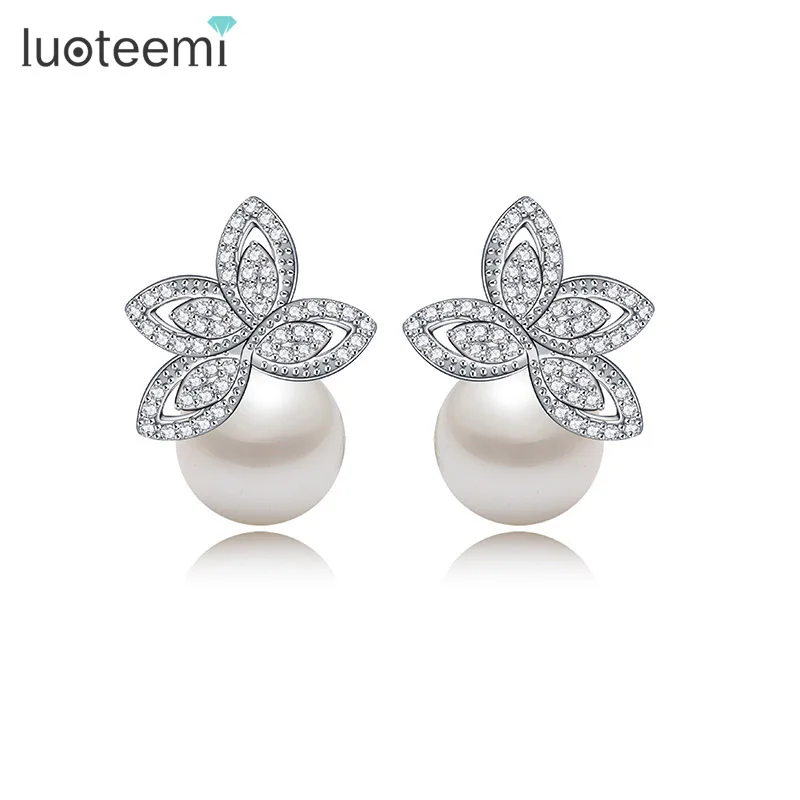 LUOTEEMI,,, горячая Распродажа, женские роскошные серьги с прозрачным кубическим цирконием и жемчугом для невесты, ювелирные изделия для свадебной вечеринки