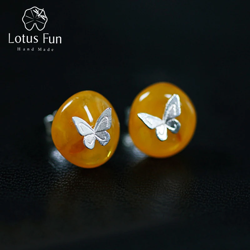 

Lotus Fun Real 925 Sterling Silver Natural Amber Stone Handmade Designer Fine Jewelry Butterfly Stud Earrings for Women Brincos