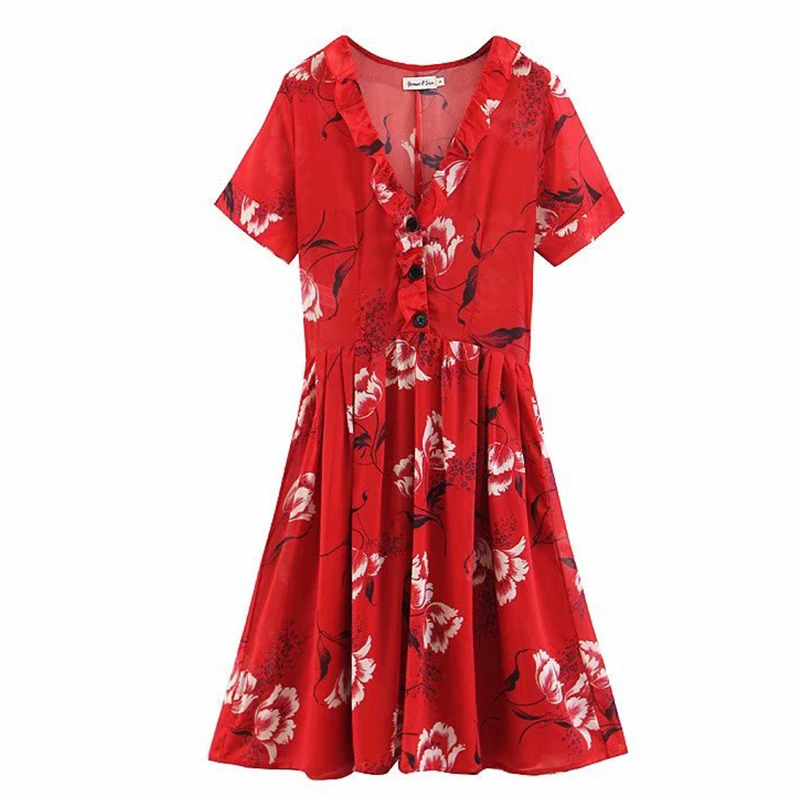 Women's Clothing Dress 2019 Printing Ruffled V-Neck Buttoned Dress Ms Summer Street Sexy Slim Fit Temperament Clothing