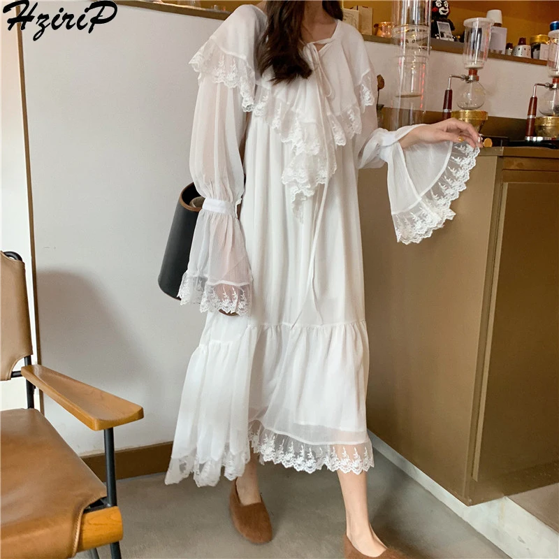 

HziriP Korean New Solid Elegant Dress Chiffion Women Straight Loose Simple Sweet Lace 2019 Spring Autumn Fashion Slim Casual