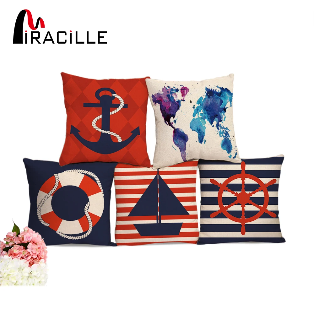 

Miracille Square 18" Nautical Style Sea Helm Printed Cushion Cover Cotton Linen Anchor Throw Pillowcase Sailor Home Sofa Decor