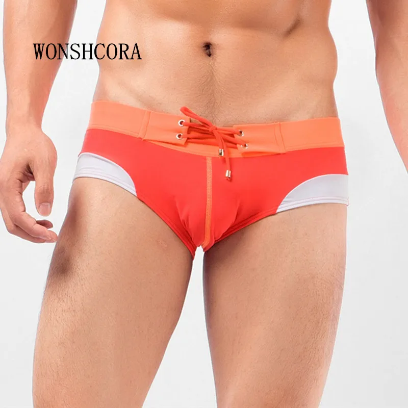 WONSHCORA, Брендовые мужские сексуальные плавки, новые плавательные трусы, тонкие плавки, мужские плавки с заплатками, яркие цвета, подходящий дизайн - Цвет: red