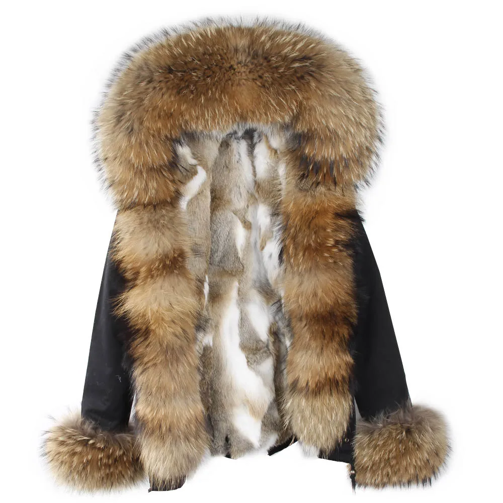 Maomaokong Черный Лисий меховой воротник зимнее пальто Женская куртка натуральный мех кролик подкладка куртка пальто - Цвет: 105