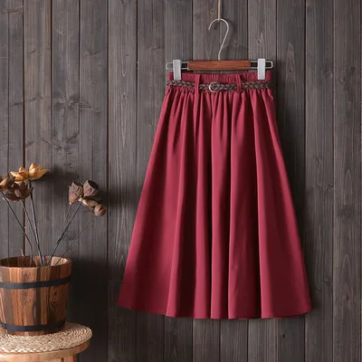 Миди до колена, летняя женская юбка с поясом, мода, Корейская женская плиссированная трапециевидная школьная юбка с высокой талией для женщин - Цвет: Red