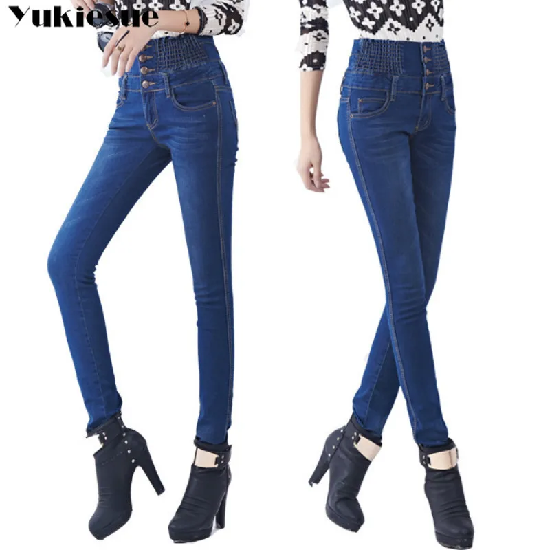 Mom Jeans Women With High Waist Women's Pants Winter Stretch Basic Skinny Jeans Woman 2018 Plus Size Denim Pants Femme Cotton
