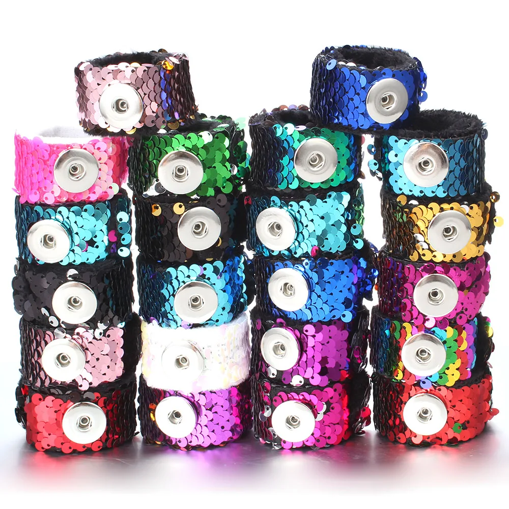 

Newest Snap Jewelry 18mm Sequins Snap Button Bracelet Simple Cuff Snap Bracelets For Women Children Fun Gift