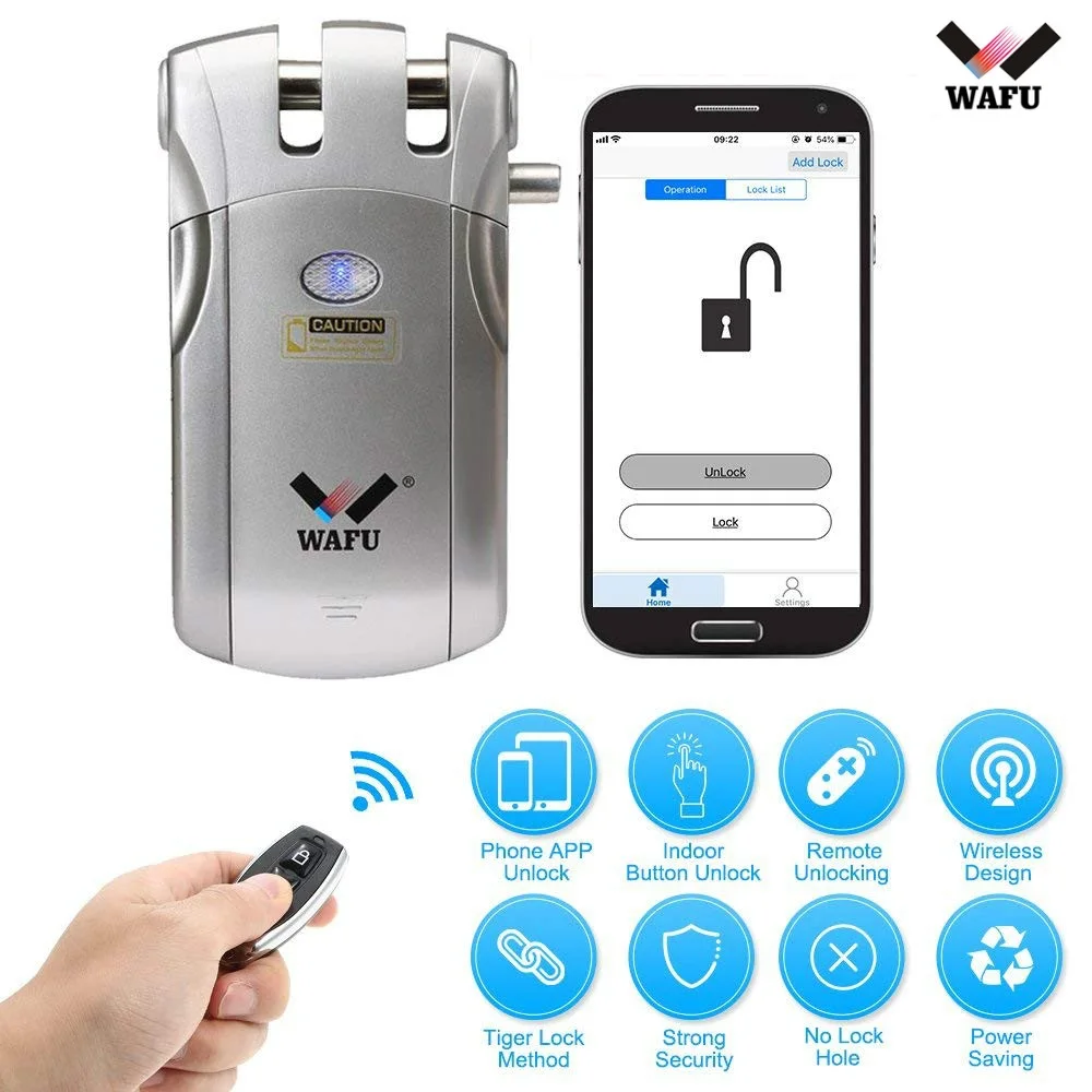 

Wafu WF-018 Wireless Remote Control Electronic Smart Lock Keyless Door Lock 4 Remote Controllers Deadbolt with Built-In Alarm