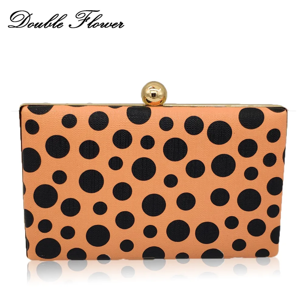 

Double Flower Black Dot Women Orange PU Metal Clutches Evening Handbags Ladies Formal Wedding Party Clutch Chain Shoulder Bag