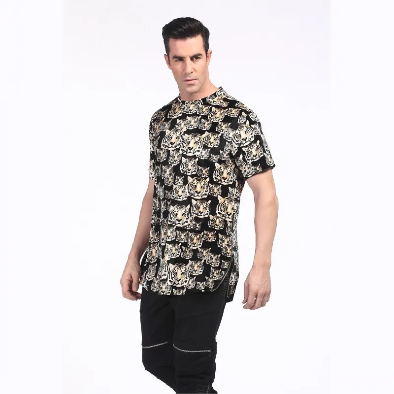 Men Extended Shirt Velour Mens Hip Hop T Shirts Golden Side Zipper