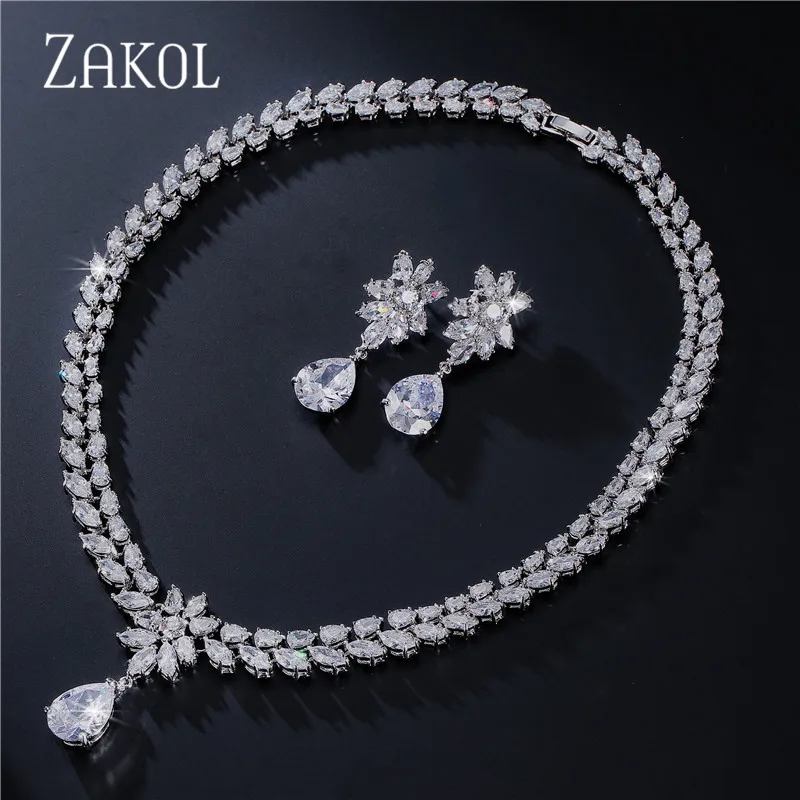

ZAKOL Luxury Flower Water-drop Red Cubic Zirconia Jewelry Sets With White Color For Women Engagement FSSP062