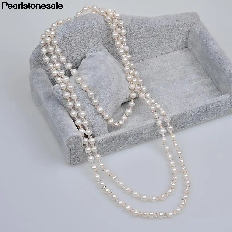 Genuine Real White Natural Fresh water Pearl Crystal Necklace sweater chain Long multilayer accessory female fashion Jewlery цена Genuine Real White Natural Fresh water Pearl Crystal Necklace sweater chain Long multilayer accessory female fashion Jewlery цены онлайн