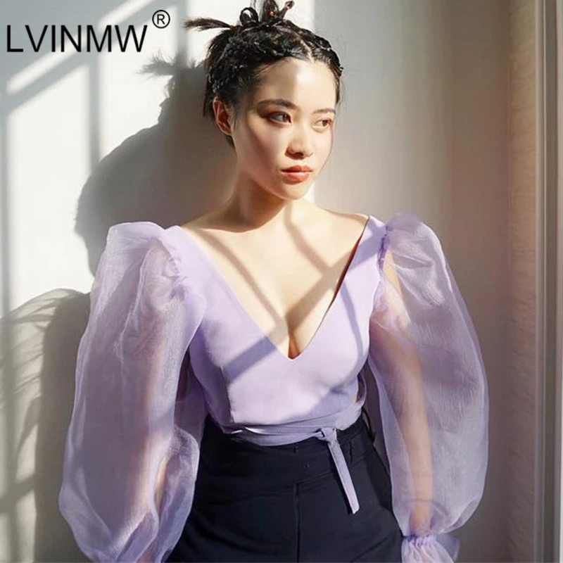 LVINMW Sexy Mesh See Through lantern с длинным рукавом Crop Tops 2019 Весна Женщины Backless Patchwork Slim U Neck T Shirt
