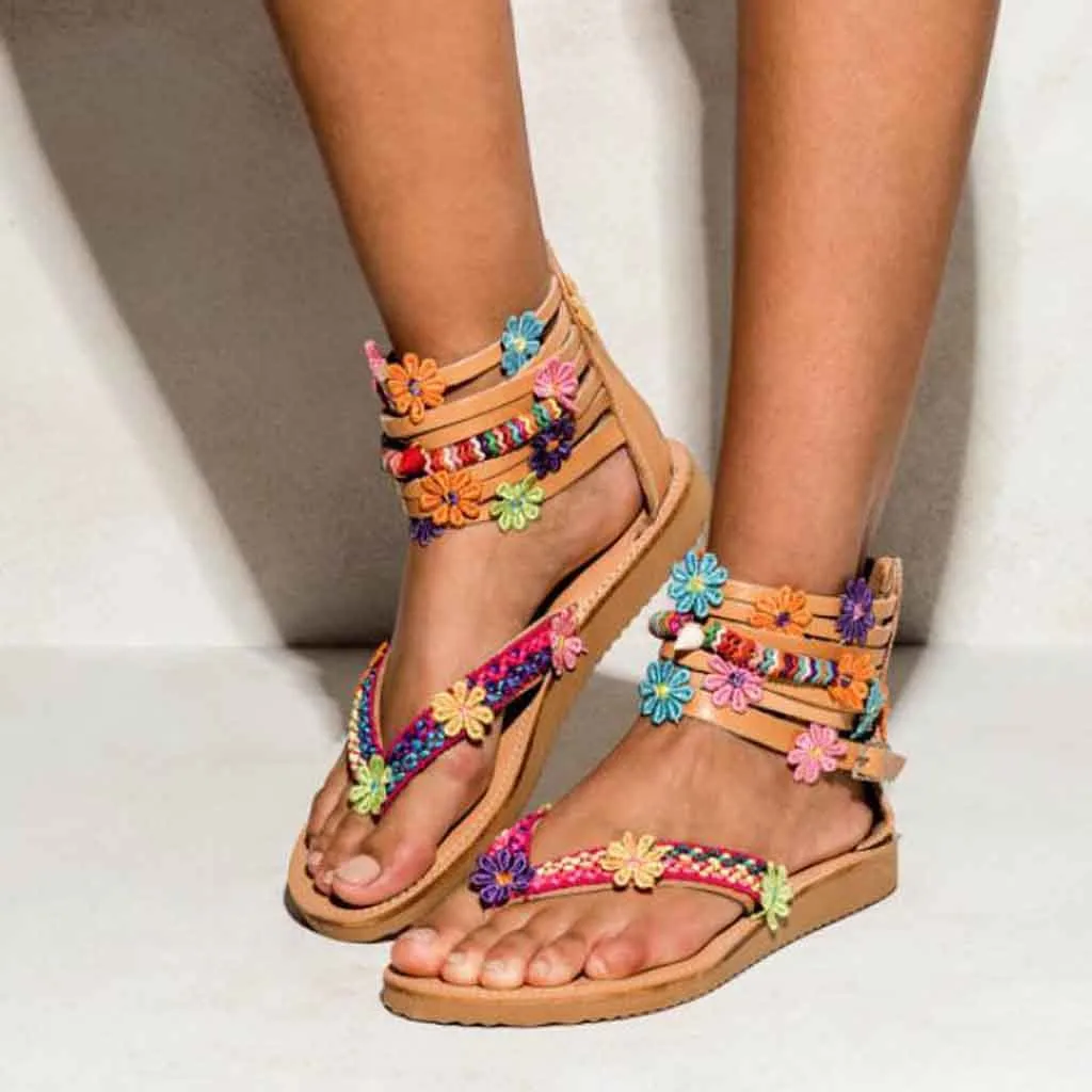 Сандалии Для женщин летние римские цветами ручной работы сандалии на молнии круглый носок плоские Ретро удобные пляжные дамские сандалии Большие размеры 35–43 T9 - Цвет: as show