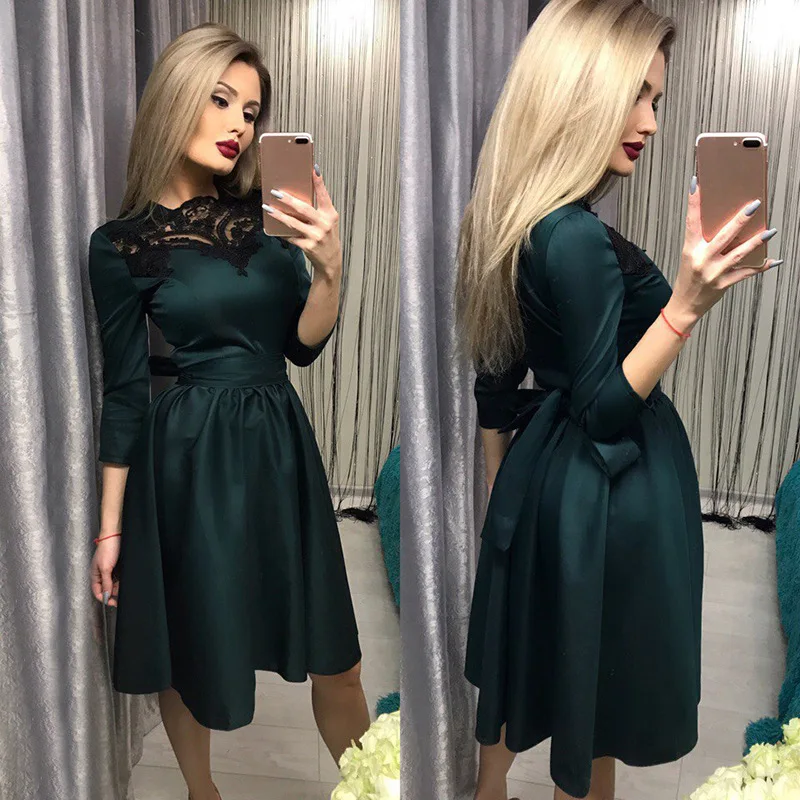 Green Женские платья, Осенние кружевные вечерние платья с круглым вырезом, винтажное платье с рукавом три четверти длиной до колена, сексуальное Клубное платье размера плюс 3XL - Цвет: Green