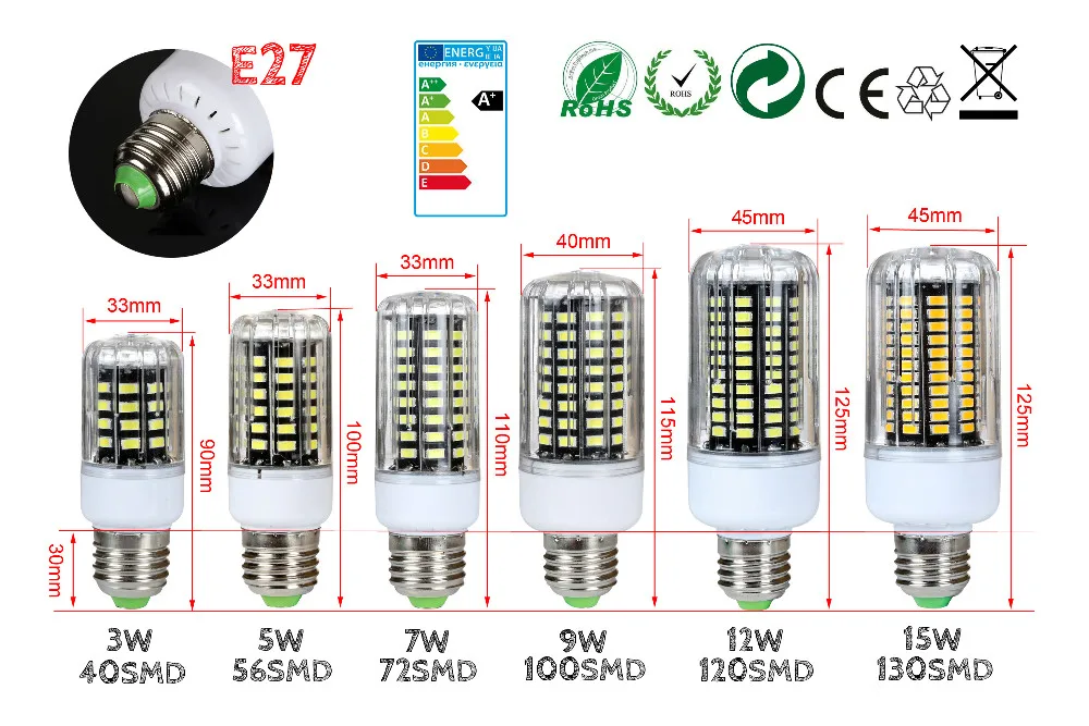 E14 E27 G9 GU10 B22 5736 SMD лампа Кукуруза лампы 85-265V 3W 5W 7W 9W 12W Светодиодный свет энергосберегающие лампы