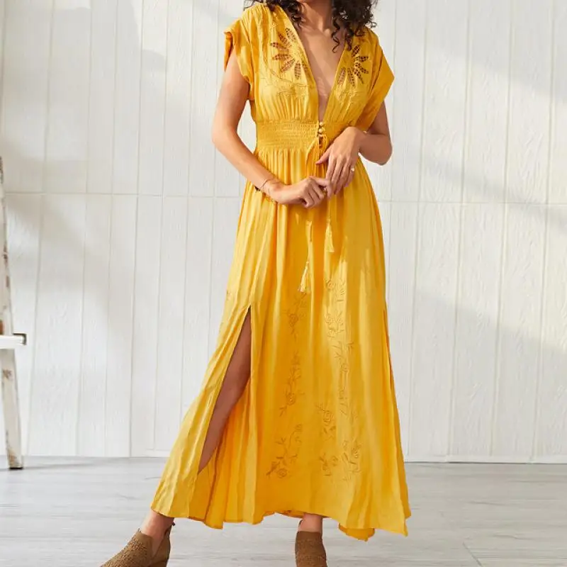 Casual Women Yellow Long Dresses Summer Hollow Embroider Bohemian Style Loose Charming Female Maxi Dresses vestido de verano