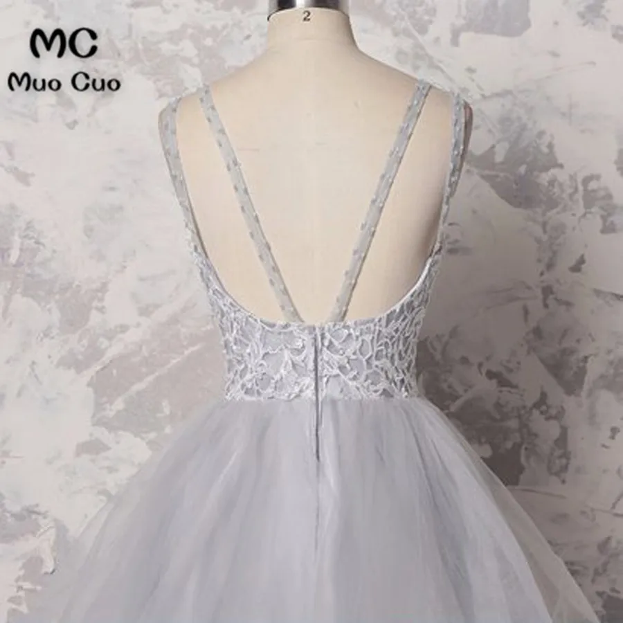 Gray tulle scoop neck long ruffles evening dress, long lace top senior prom dress55
