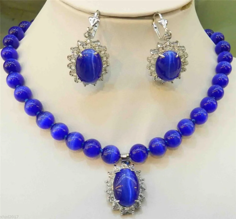 

huij 003927 Sapphire Blue Mexican Opal Round Beads Gems Pendant Necklace Earring Set 18