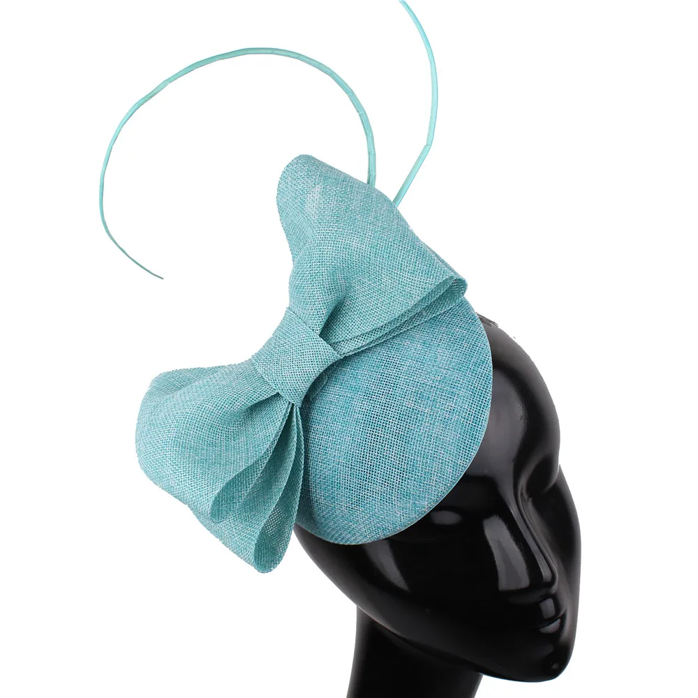 

Lady turquoise bowknot adorn hat imitation linen Fascinator base ostrich quill elegant women millinery hair accessory headband