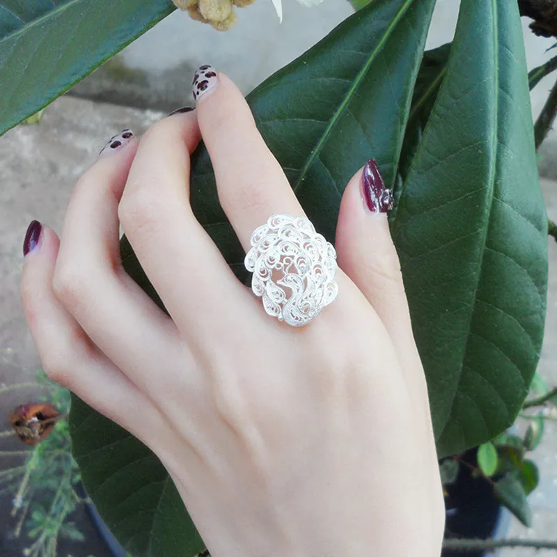

Hollow Out Peacock Women Rings 999 Sterling Silver Handmade Jewelry Miao Ethnic 004 Big Ring Adjustable Punk Party Jewelry
