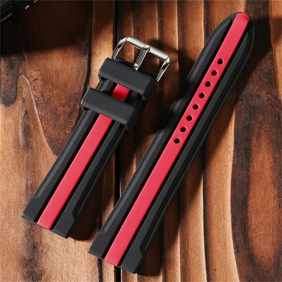 Watch Band 20mm22mm24mm Double Color Red Green Blue Silicone Stylish Sport Strap for Wristwatches Pin Buckle  + Spring Bars   (18)