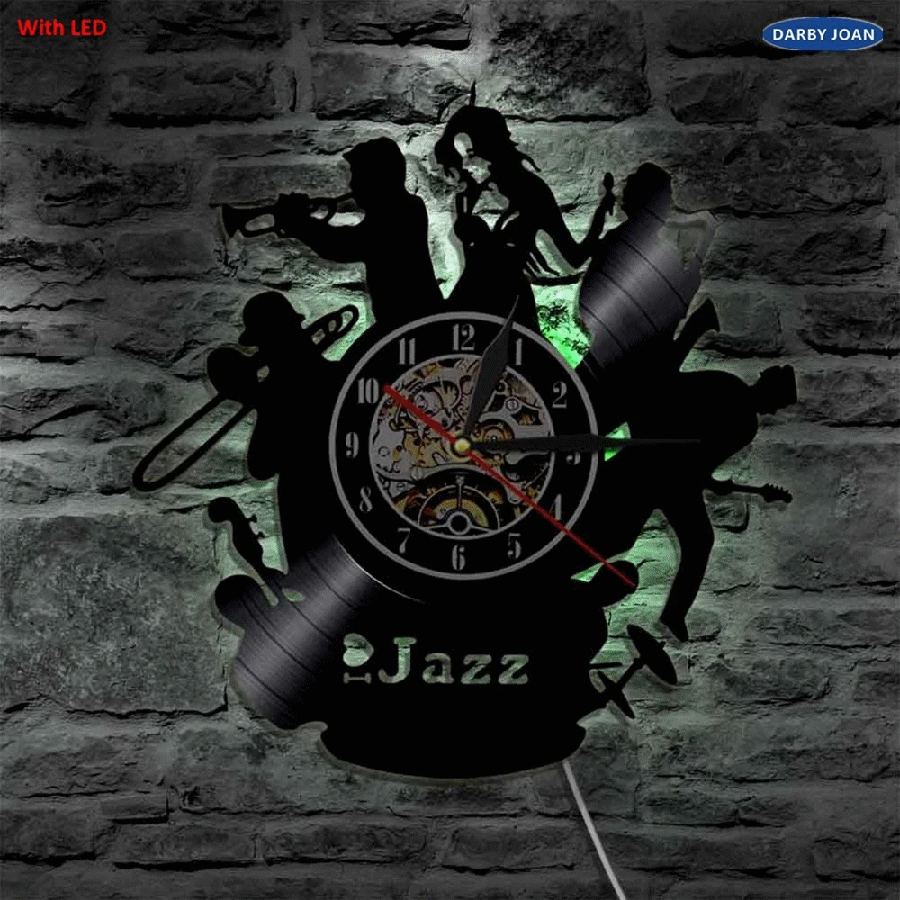 Jazz Musical Instrument Silhouette LED Backlight Modern Light Wall Vinyl Clock Home Decorative Art Lamp Remote Control | Дом и сад
