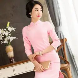 Зимние Для женщин долго cheongsam розовый женский китайское традиционное платье для партии середине рукава Qipao платье Vestido Oriental Chi-Pao 9