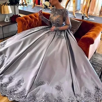 

Elegant Silver Long Sleeves robe de soiree 2019 Lace Appliques Formal Prom Evening Gowns Luxury Long Appliue Evening Dresses