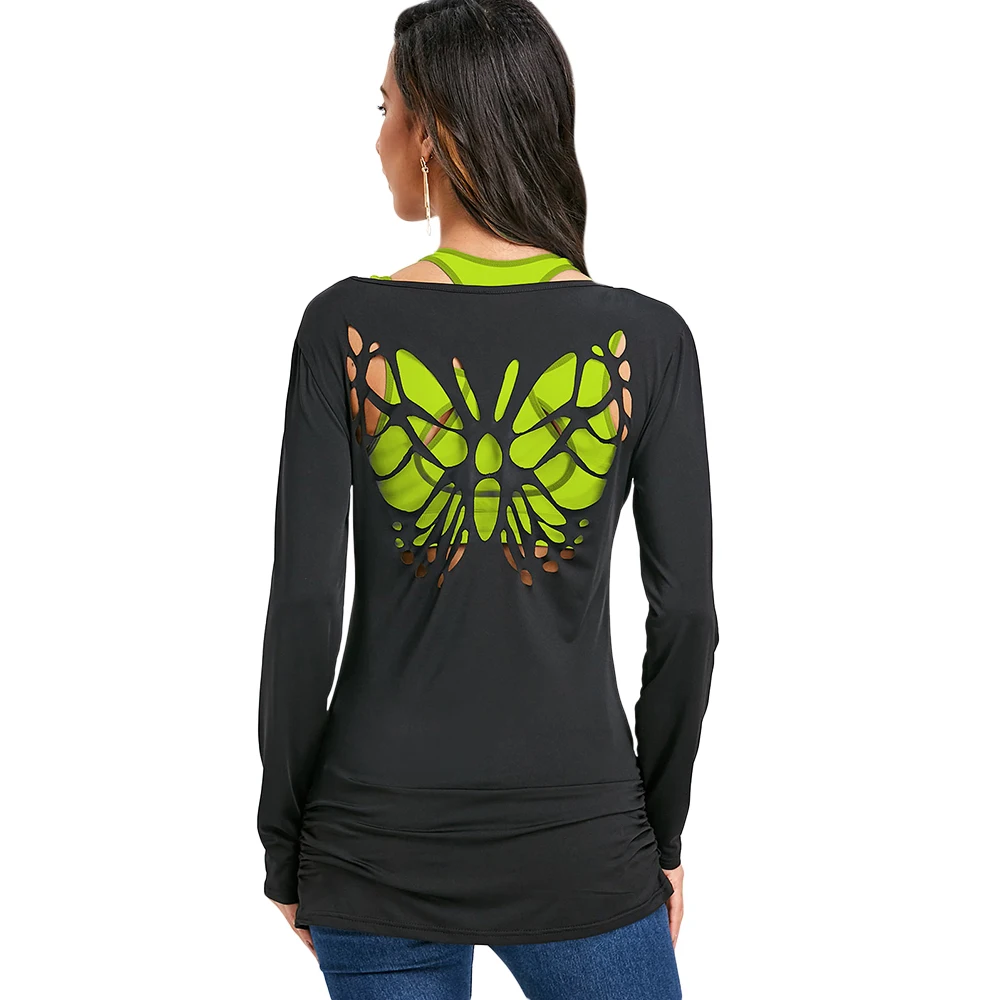 Gamiss Long Sleeve Butterfly Cut Back T Shirt Women Fashion Casual T