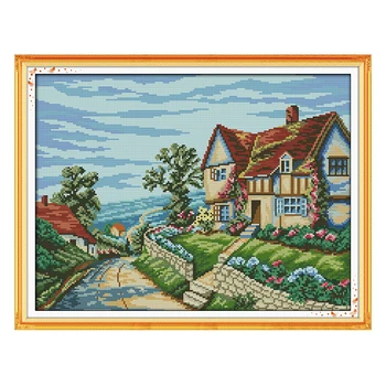 

Joy Sunday crossstitch Beautiful village landscape DMC14CT11CTcottonfabric livingroom dininghall restaurant home hotel painting