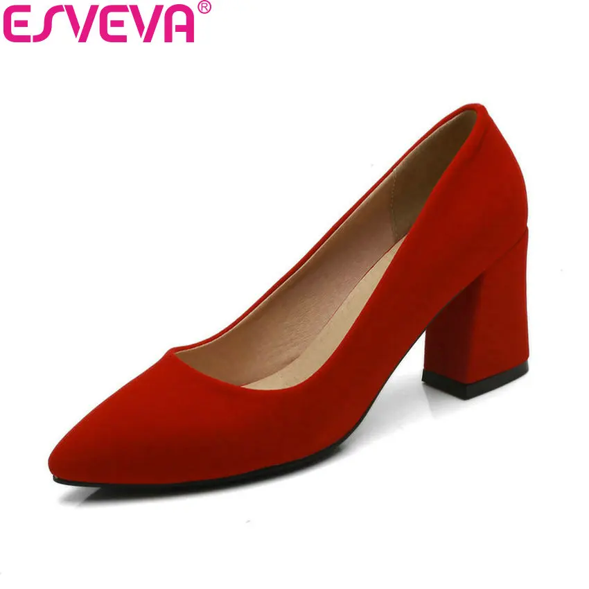 

ESVEVA 2018 Women Pumps Black Square High Heels Slip on Pointed Toe Western Style Flock/sequins Pumps Women Shoes Size 34-43