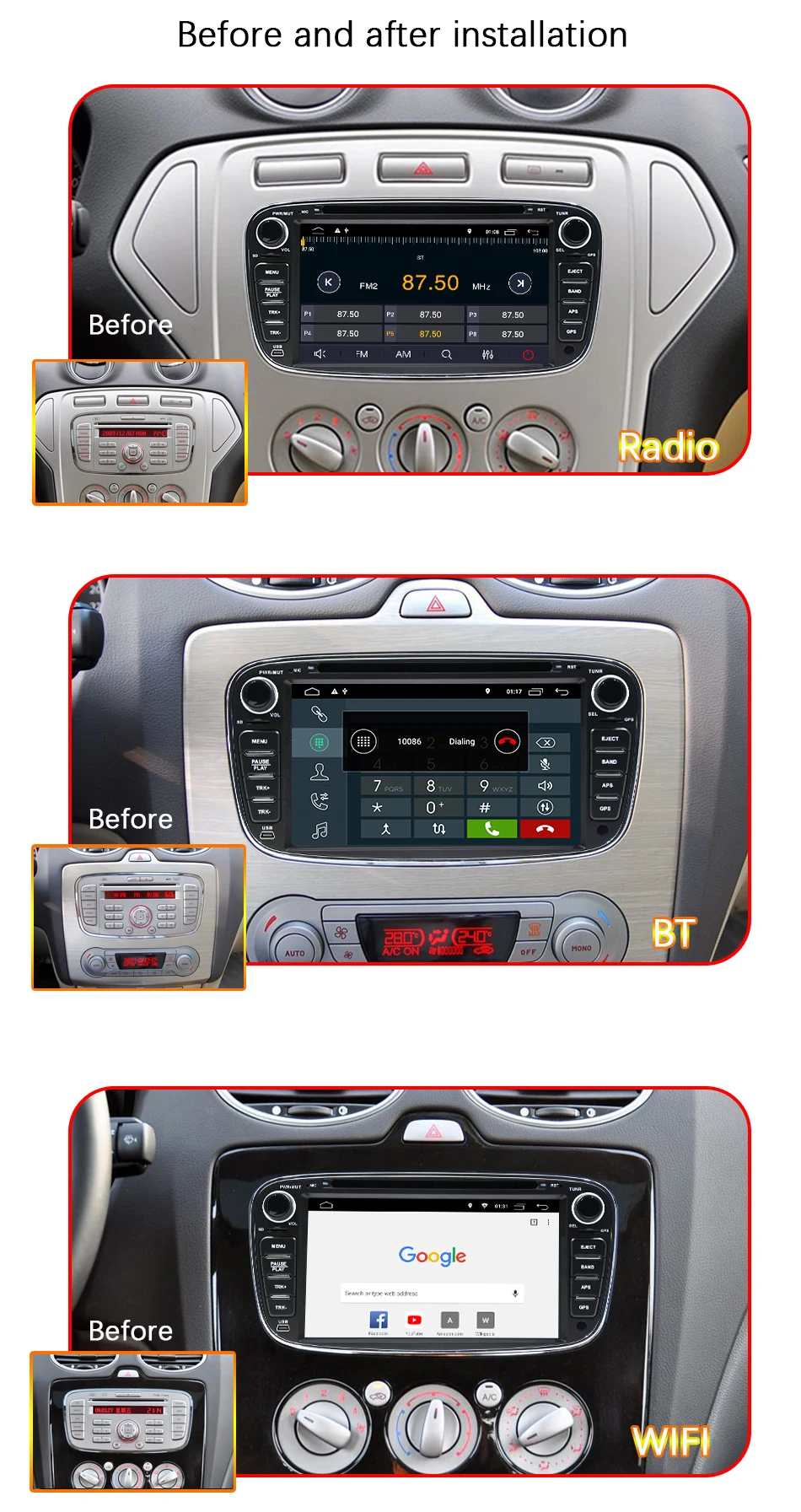 Top Eunavi 2 Din 7" Android 9.1 Car DVD Player Online Map GPS Navigation WIFI  for Ford focus II Galaxy Transit Tourneo Mondeo 0