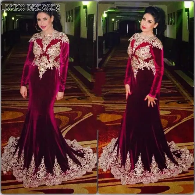 

Elegant Burgundy Mermaid Velour Long Evening Dresses Long High Neck Long Sleeve Arabian Dubai Prom Gown Celebrity Formal Dresses