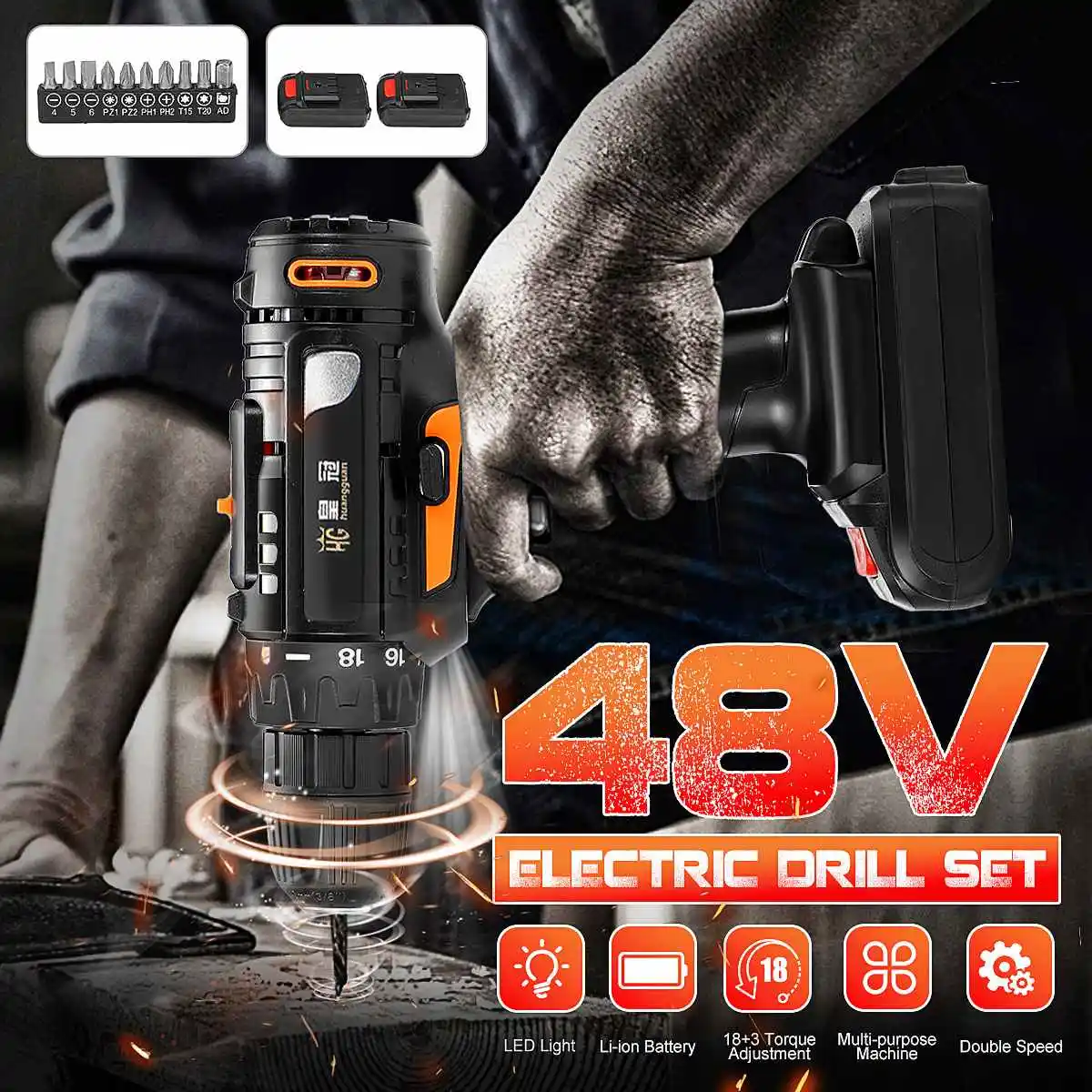 

Electric Drill Cordless Rechargeable Driver Drill Screw Set Repair Tools Kit 18+1 Torque Duplex Bearing 2-speed LED Lights