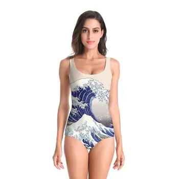 

New Sleeveless The Great Wave off Kanagawa Sexy 3D Beach Style Suit Printed Girl Swimsuit One Piece Swimwear women Cosplay Funny