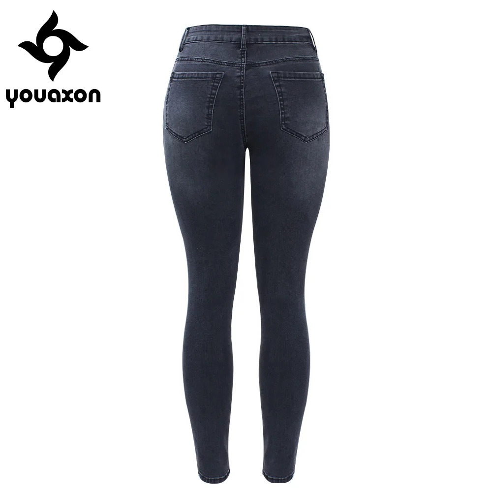 2098, Youaxon, черные лоскутные джинсы, новые, женские, средняя талия, рваные, тянущиеся, джинсовые брюки, рваные, обтягивающие джинсы, женские