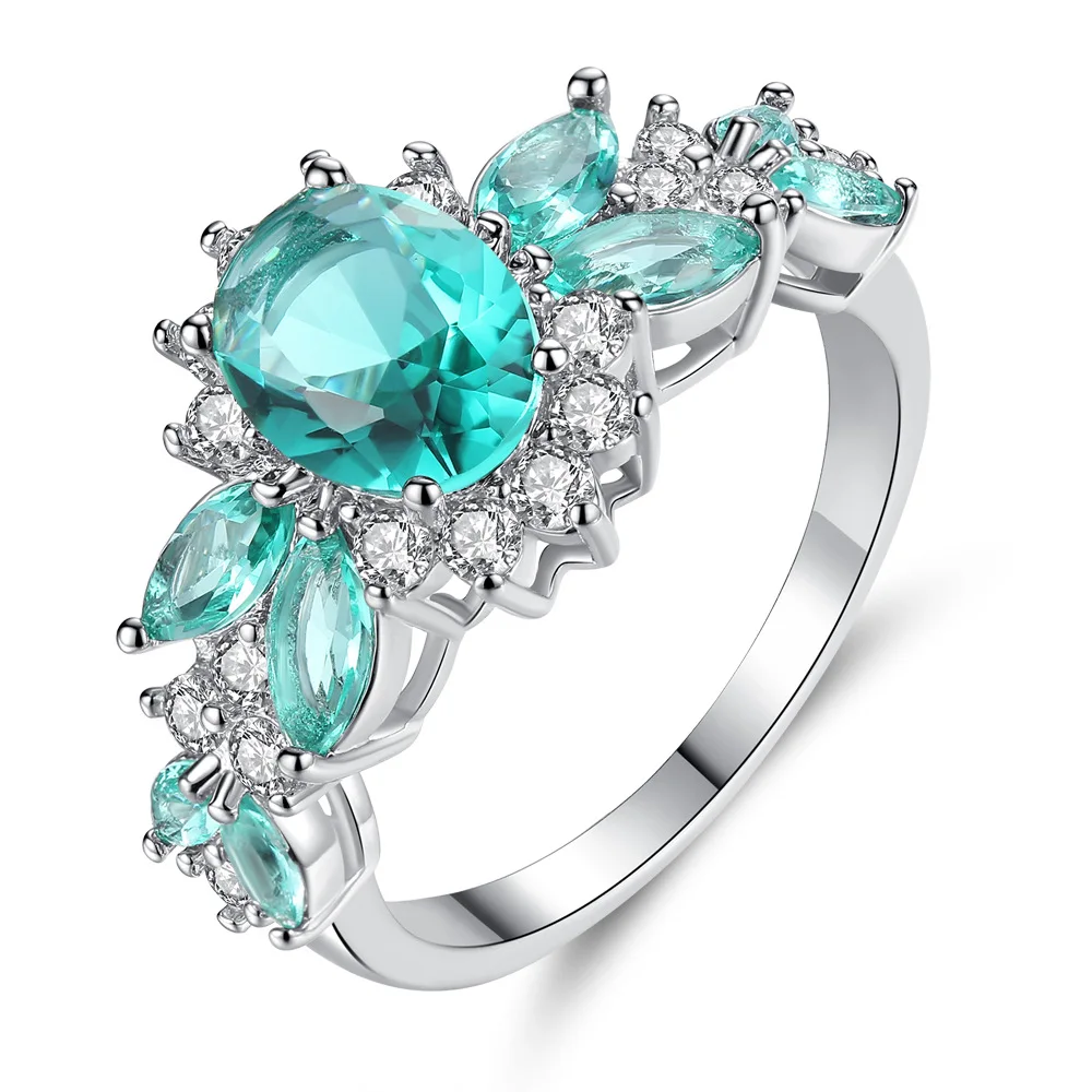 

European Personality Green Blue Zircon Princess Rings Creative Ladies Jewelry Fashion Wedding Engagement Rings Anillos Gifts
