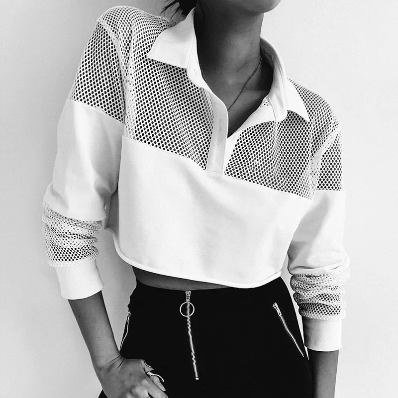 Fitshinling 2019 Autumn Mesh Patchwork Sweatshirt Female Crop Top Hollow Out Slim White Hoodies Women Sweatshirts Streetwear Hot Fitshinling 2019 Autumn Mesh Patchwork Sweatshirt Female Crop Top Hollow Out Slim White Hoodies Women Sweatshirts Streetwear Hot