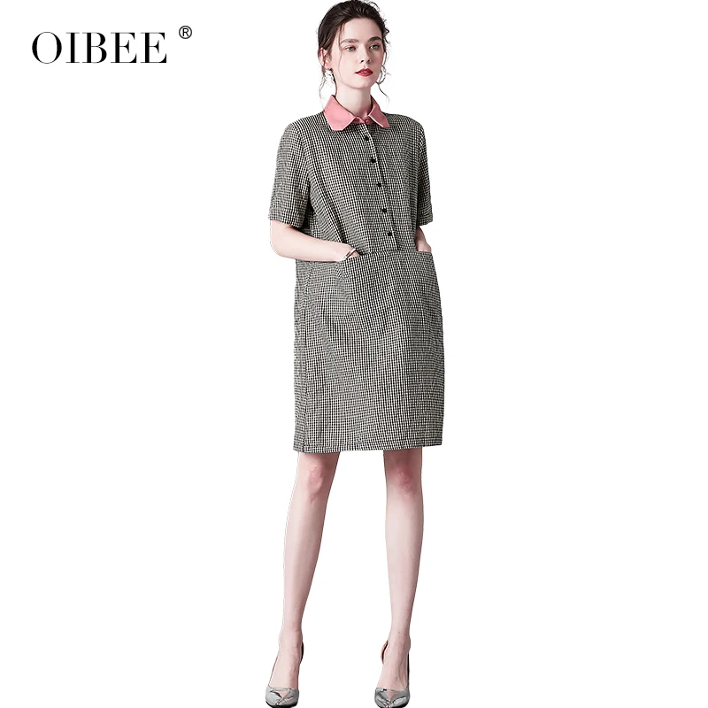 OIBEE2019 Весна и лето новое короткое свободное платье с короткими рукавами в духе колледжа свободное платье Корейская версия