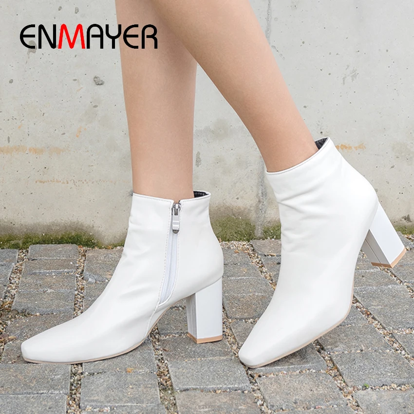 

ENMAYER Cheap Square Toe PU Winter Boots Women Zip Ankle Square Heel Spring/Autumn Solid Women Shoes Fashion Shoes 2019 Boots