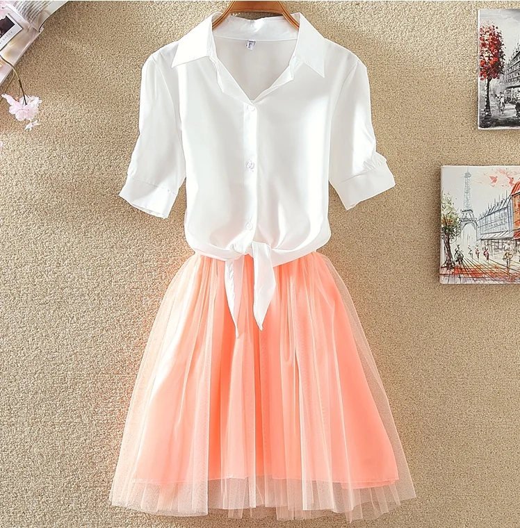 Shirt And Sling Tutu Dress Suit Women 2018 Summer Cute 2 Piece Dress Blue Pink Shirt And White Veil Dresses Plus Size 3XL 4XL (20)