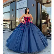Потрясающие 3D цветы Бальные платья корсет Темно-Синий Тюль Арабский бальное платье Выпускное длинное платье Vestidos de 15 anos на заказ