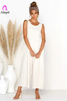 

casual deep v back o neck wide leg solid women jumpsuits pleated sleeveless long pants summer suits one piece plus size sets
